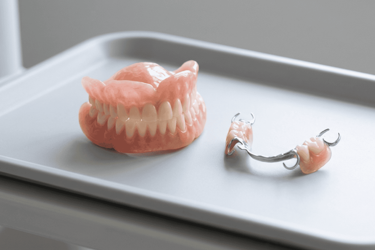 Full upper and lower dentures on a dental tray, pink gum-colored acrylic with off-white teeth.