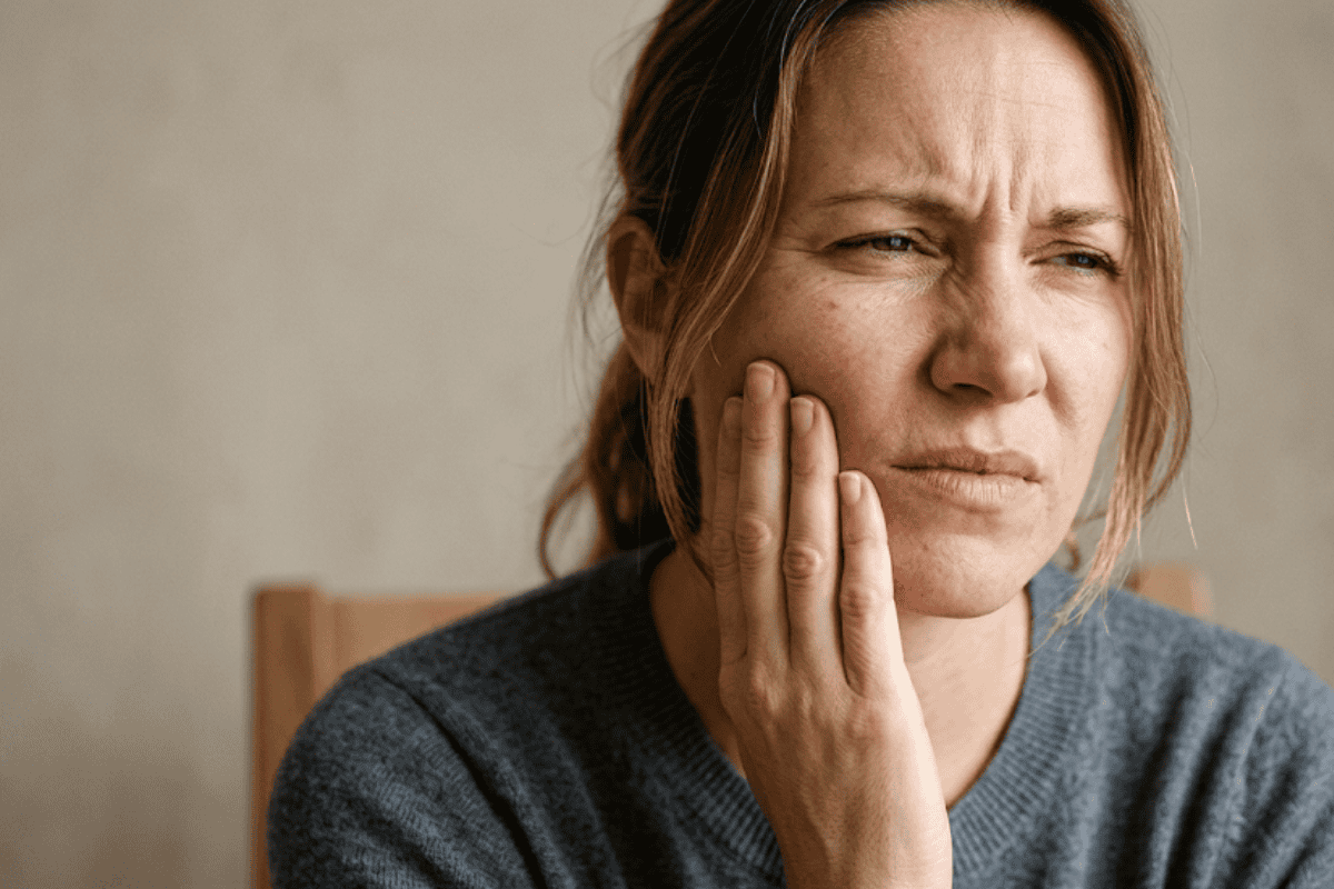 Woman pressing her cheek with a pained expression, suggesting tooth or facial pain.