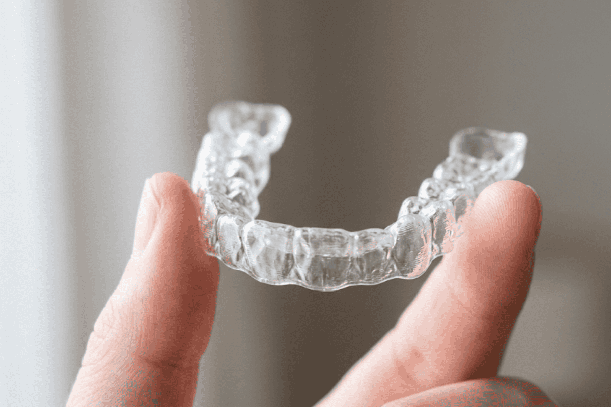 Clear transparent orthodontic aligner held between the thumb and index finger, showing its curved dental arch shape.