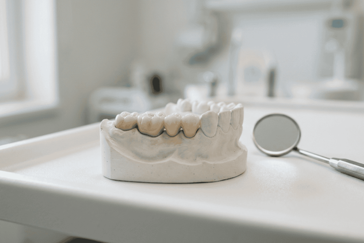 Dental plaster cast of a lower jaw with teeth placed on a white tray, with a dental mirror nearby in a clinic setting.