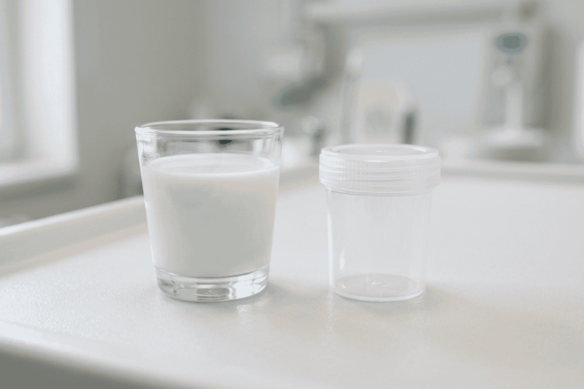 Glass of milk on a white countertop beside an empty clear plastic storage jar with a white screw-on lid nearby.