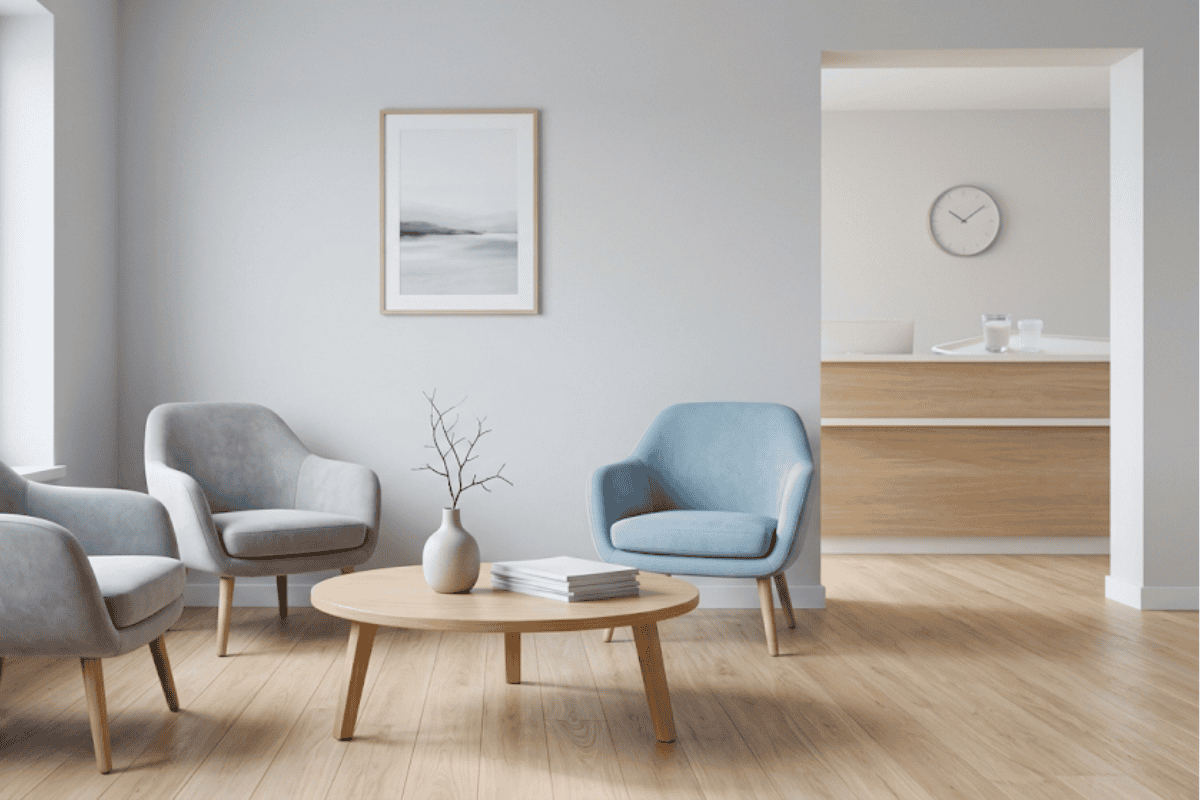 Minimalist living room: three upholstered armchairs around a round wooden coffee table, vase and books, pale walls and light wood floors.