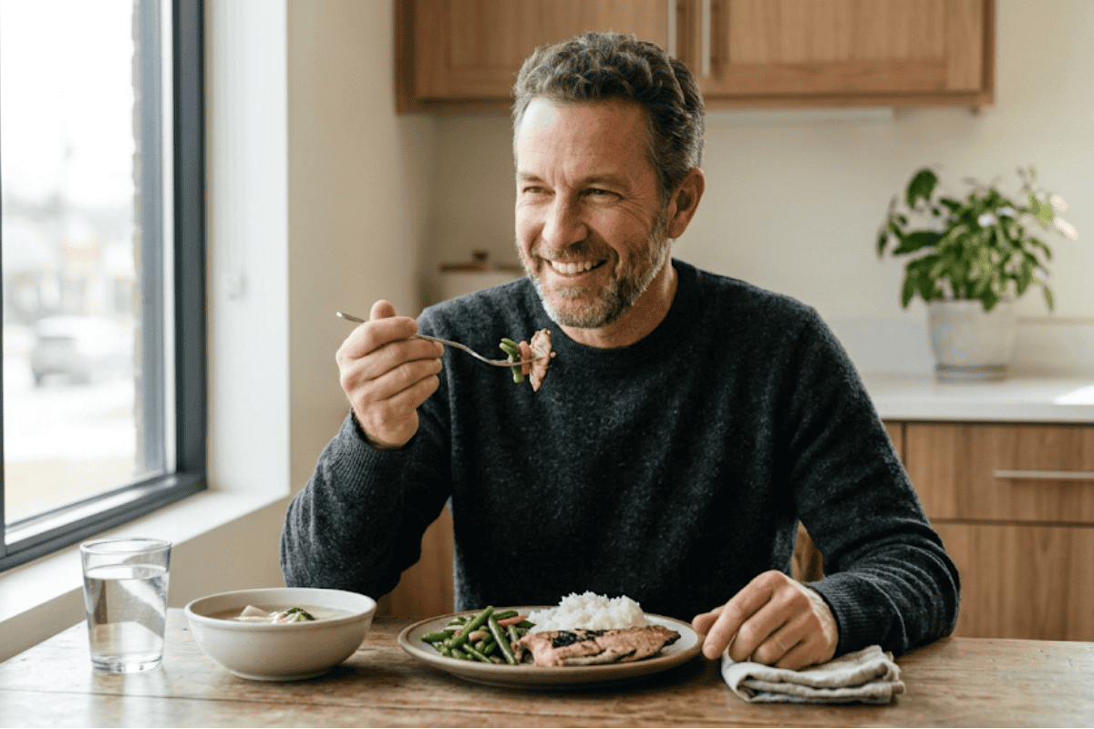 Smiling man eating a healthy meal at a table