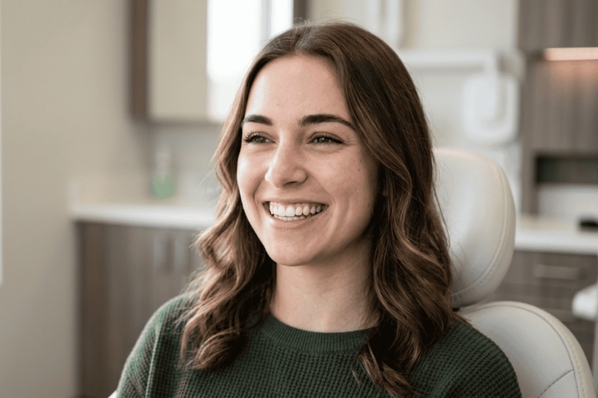Smiling woman with brown hair seated in a light-colored dental chair in a modern clinic.