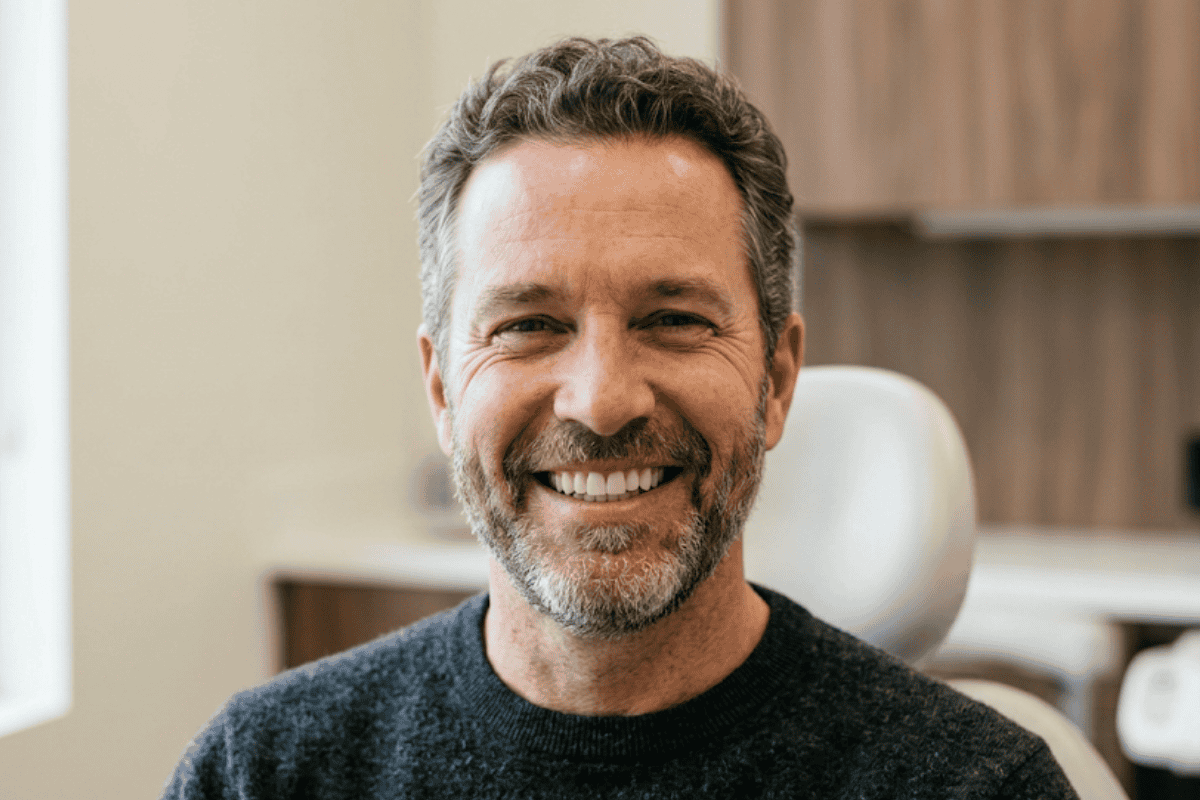 how-many-teeth-can-a-dental-bridge-replace - Olathe Dentist | Your Olathe Dentist Smiling middle-aged man with gray hair and beard seated in a dental chair in a clinic setting.