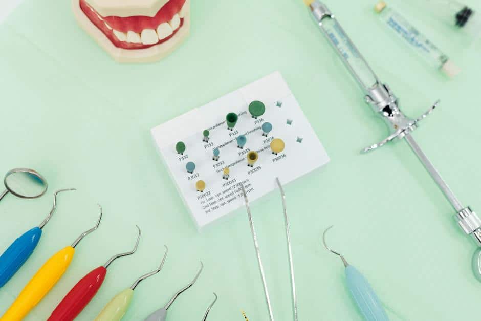 Illustration of dental care with dental tools and a toothbrush on a white background